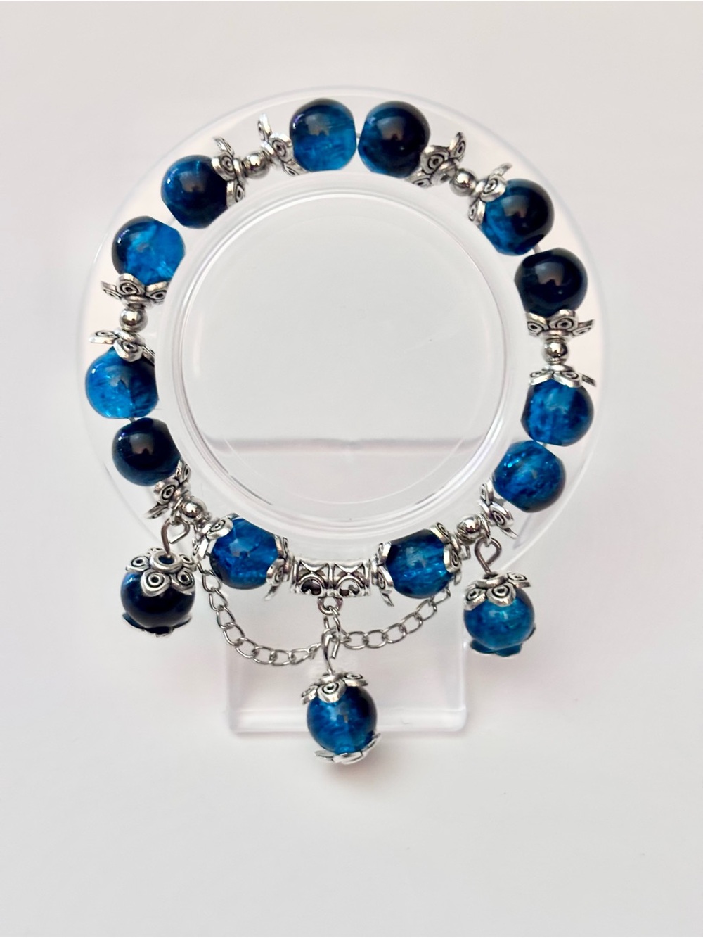 Hand Crafted Turquoise Blue and Black Beaded Charm Bracelet